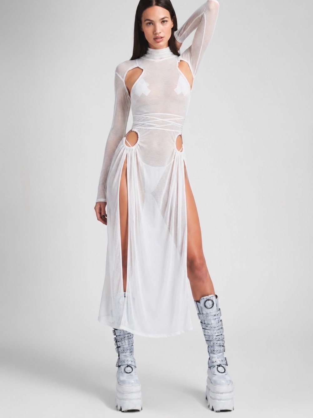 Dolls Kill White Backless Maxi Dress with O-Ring Cutouts